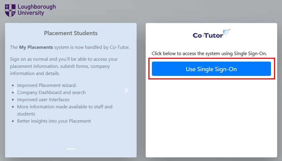 Screen grab of Co-Tutor sign-in showing ‘Use Single Sign On’ button.